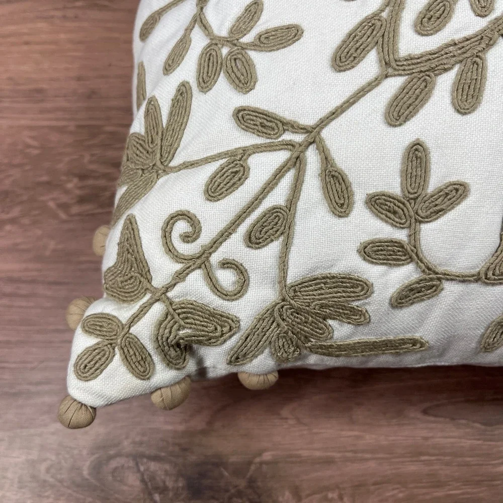 Pottery Barn Throw Pillow 12 x 12 White Tan Crewel Embroidered Pom-Pom Trim